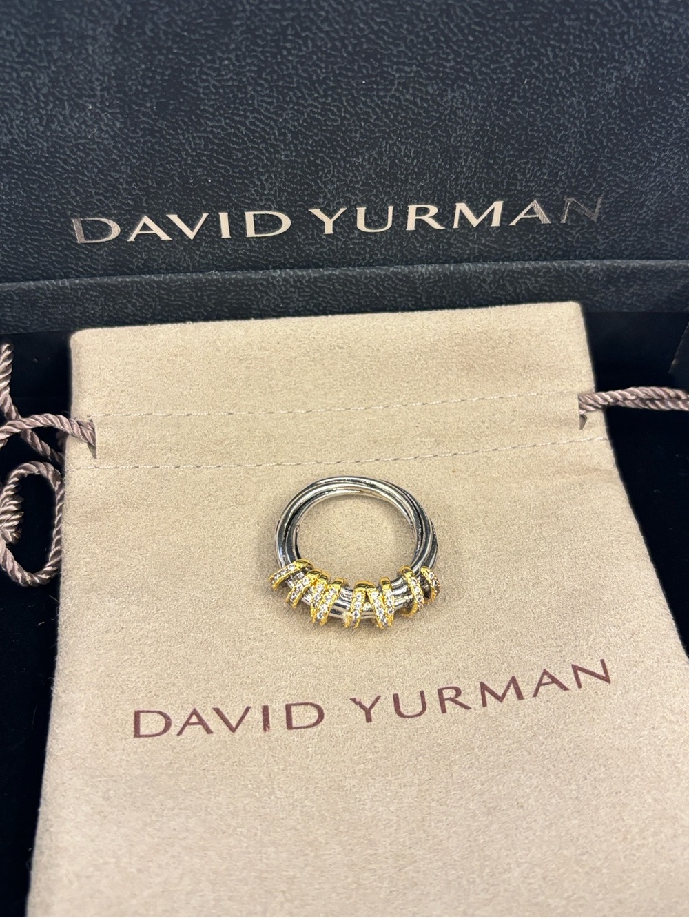 David Yurman Gold and Silver Pavé Cable Ring